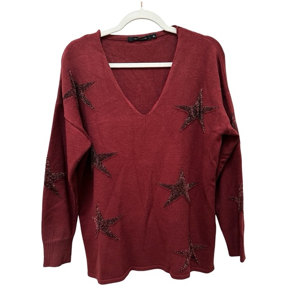 Lauren Vidal Burgundy Star Print V-Neck Sweater – XL - Picture 3 of 13